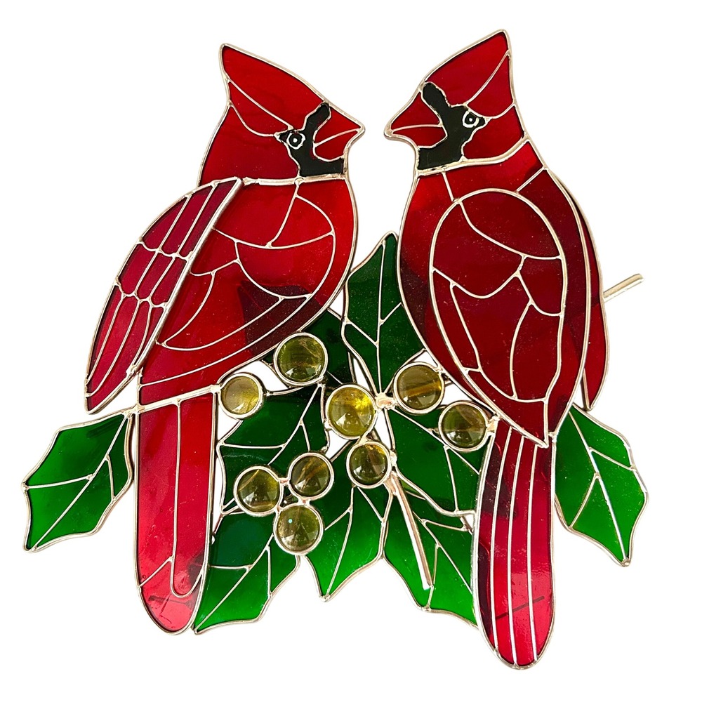 Red Cardinal Stained Glass Suncatcher Holly Berries Bird Window Decor Hanging